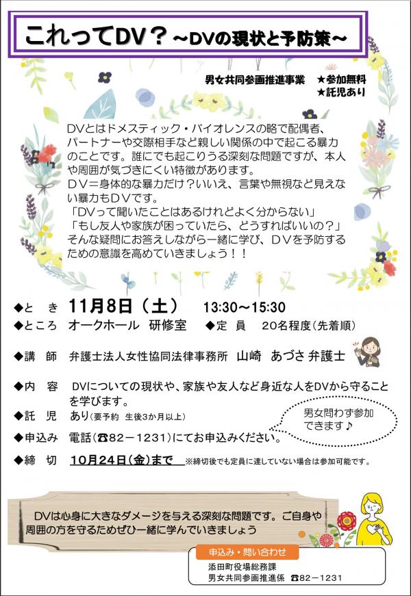 男女共同参画推進セミナー「これってDV?~DVの現状と予防策~」のチラシ画像